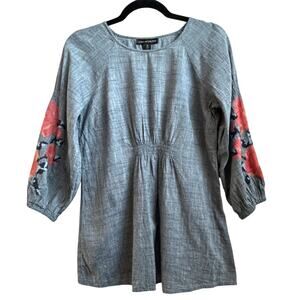 A Pea in the Pod Chambray Maternity Tunic Top With Pink Embroidered Flowers